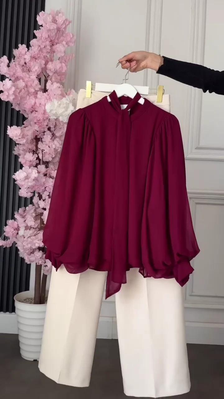 Navy Tie-Neck Blouse with Cream Pants