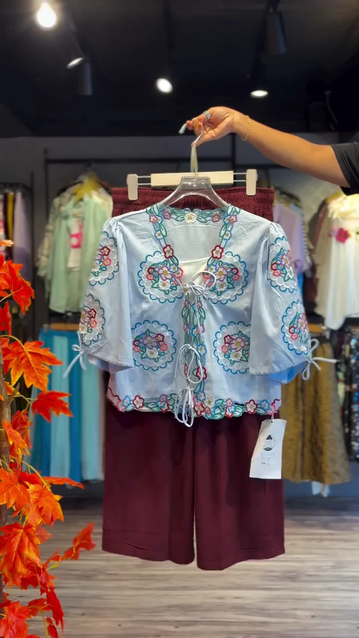 Embroidered Sky Top with Tie Details & Maroon Shorts