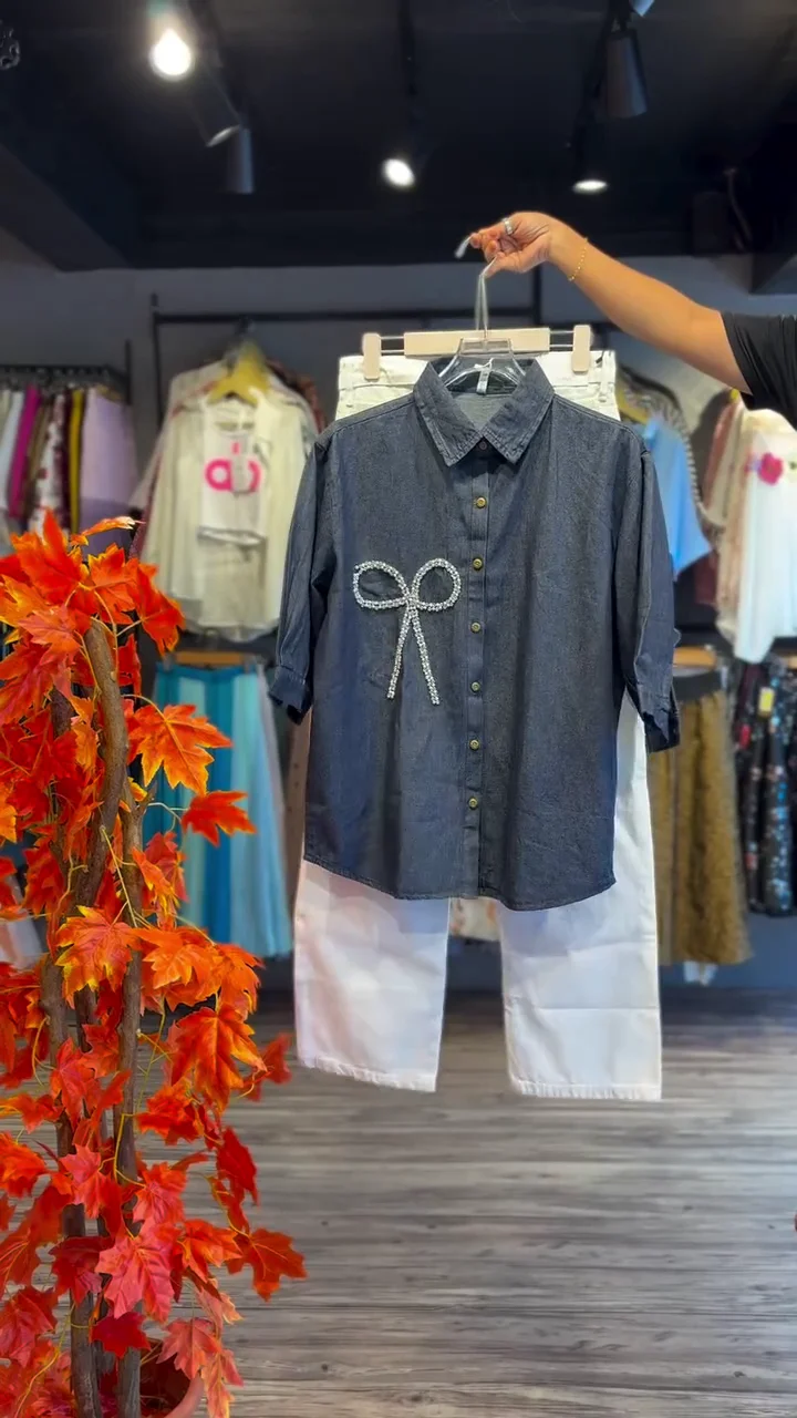 Denim Bow Shirt with White Pants