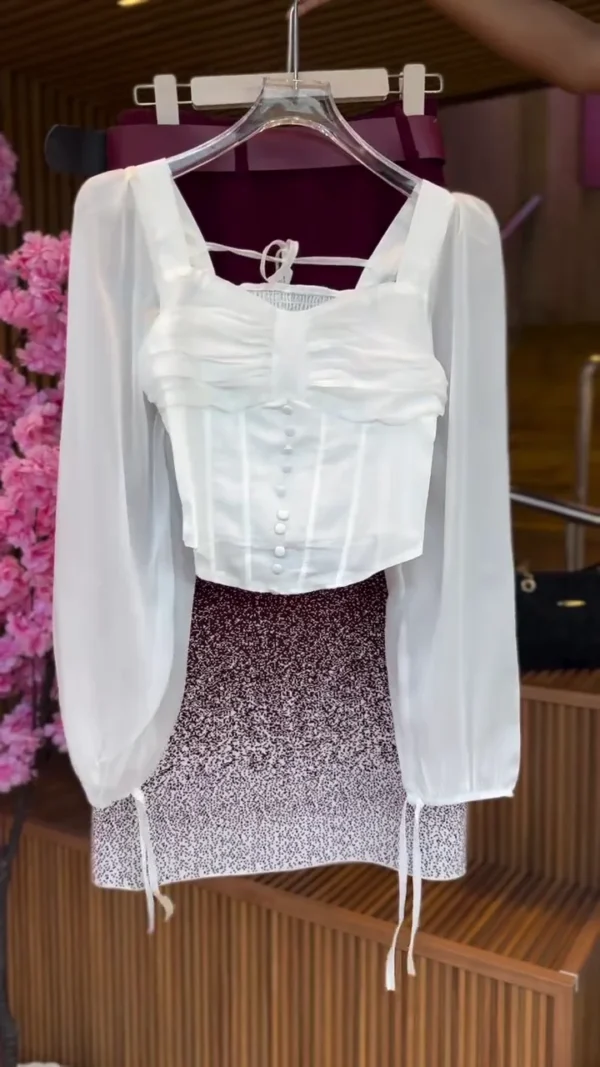 Ruched Sheer Blouse in Ivory & Gradient Speckle Skirt