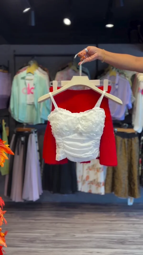 Ruched Crop Top in White & Red Garment